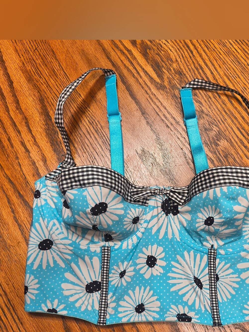 Blue Daisy Longline Bra with Gingham Trim